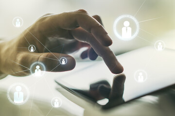 Social network concept with finger clicks on a digital tablet on background. Multiexposure