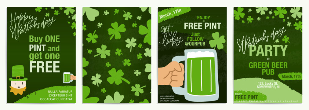 Saint Patrick’s day free beer pint special offer. Flyer set template for pub and restaurant promotional campaign, advertisement or social media materials with shamrock and leprechaun vector clipart. - Powered by Adobe