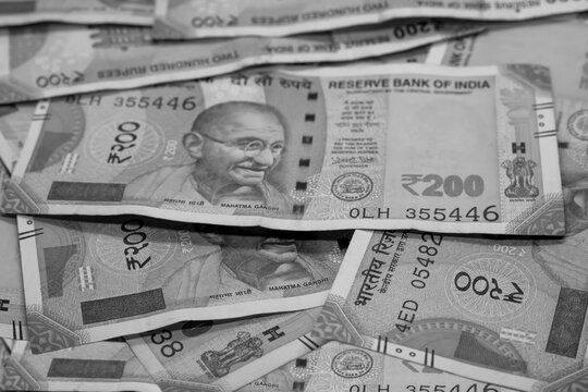 Monochrome Image of Indian currency Note. Two Hundred Notes