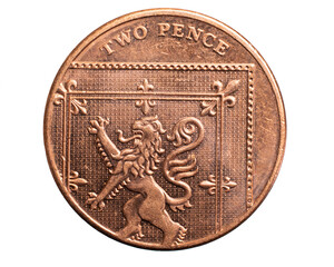 two pence coin on a white background