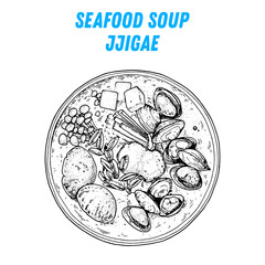 Seafood soup Sundubu jjigae sketch, korean food. Hand drawn vector illustration. Sketch style. Top view. Vintage vector illustration.