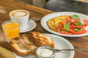 breakfast brunch coffee and juice ready to eat