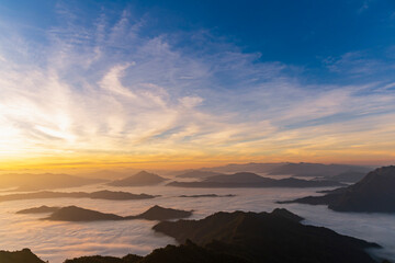 Fototapeta na wymiar Landscape and starscape of the mountain and sea of mist in winter sunrise view from top of Phu Chi Dao mountain , Chiang Rai, Thailand