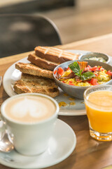 breakfast brunch coffee and juice ready to eat