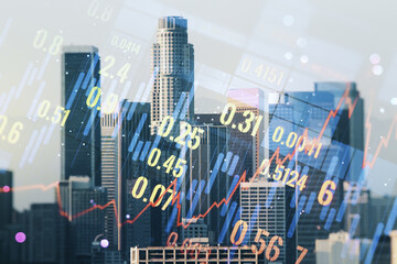 Abstract virtual financial graph hologram on Los Angeles skyline background, forex and investment concept. Multiexposure