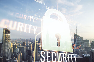 Virtual creative lock illustration with microcircuit on New York cityscape background, cyber security concept. Multiexposure