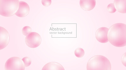 Realistic pearl beads or balls on soft pink background. Abstract vector web banner with copy space, 3d effect. Elegant design.
