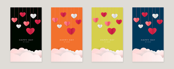 Set of pink yellow blue happy valentine's day vertical banners, posters, cards or flyers with origami hearts in paper cut style. Design template for advertising, web, social media, stories templates