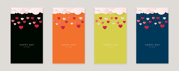 Fototapeta premium Set of pink yellow blue happy valentine's day vertical banners, posters, cards or flyers with origami hearts in paper cut style. Design template for advertising, web, social media, stories templates
