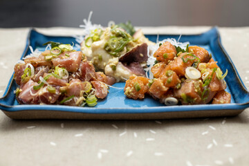 plate with japanese food on the table from above