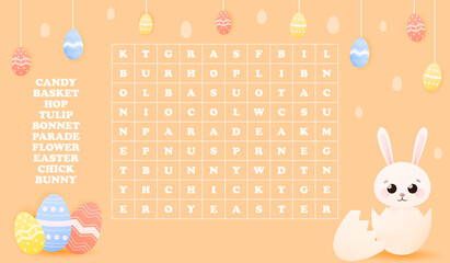 Kids word search game, easter holiday theme with cute animal character - bunny in egg shell, coulourful paited eggs around, easy riddle for children books on orange background