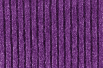 Purple texture of a knitted English elastic pattern. Horizontal background from a close-up of a knitted violet-colored canvas. Textile concept