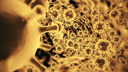 Influenza virus H1N1 yellow color cells are floating in black space background under magnification in an electron microscope. Viral disease abstract background. 3d rendering animation in 4K video.