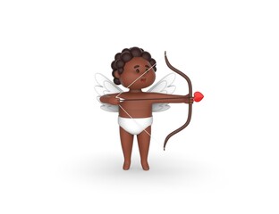 Amur or Cupid with wings hold bow,
arrow and heart. Happy Valentines Day. Cute angel or Cupidon with wings. Greeting of Valentines Day or wedding. 3D render model.