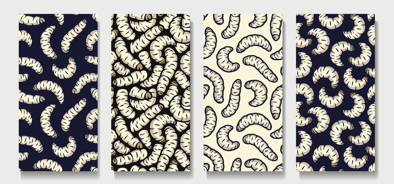 Trendy seamless scary maggots patterns. Set of ugly backgrounds for halloween. Scary zombie worms wallpaper