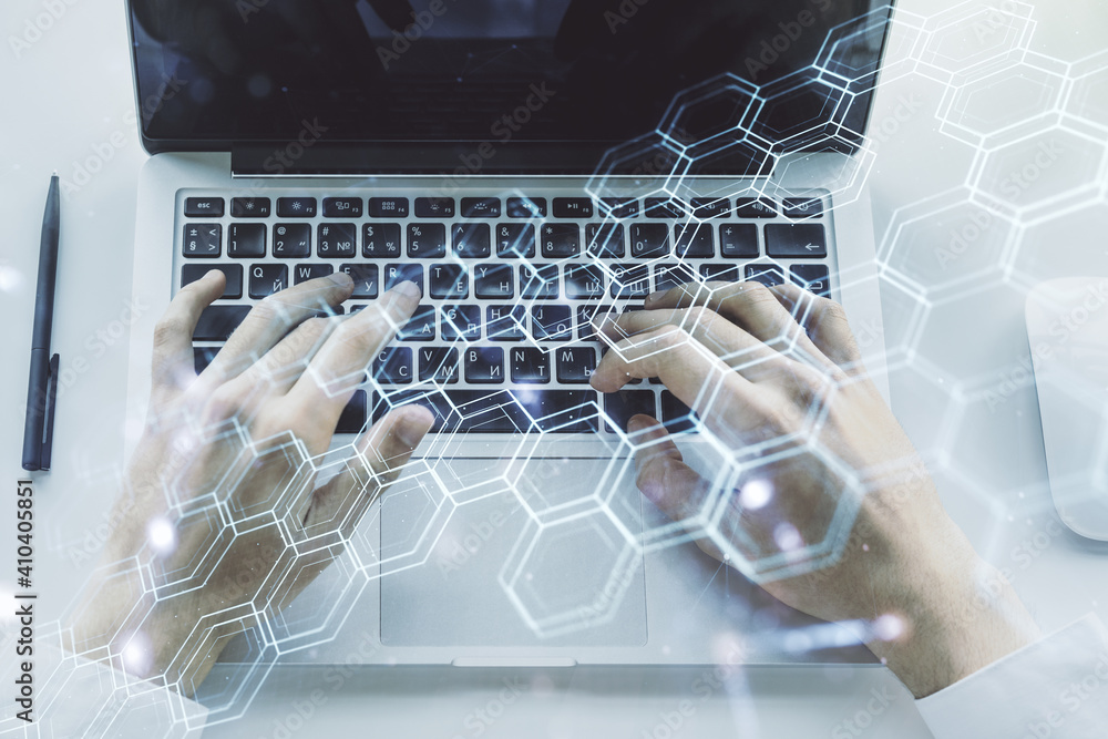 Poster creative abstract technology sketch with hexagon grid and hands typing on computer keyboard on backg