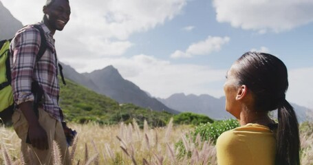 African american couple high fiving each other while trekking in the mountains