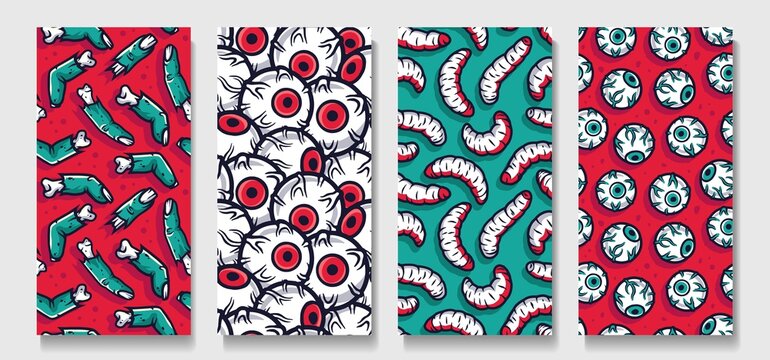 Trendy seamless horror zombie patterns. Set of halloween endless texture of zombie eyes and maggots for wallpaper