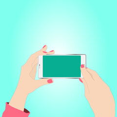 Female hands shooting with a smartphone. copy space, realistic, web header, footer, banner, blue, sky, background, mockup, square, camera