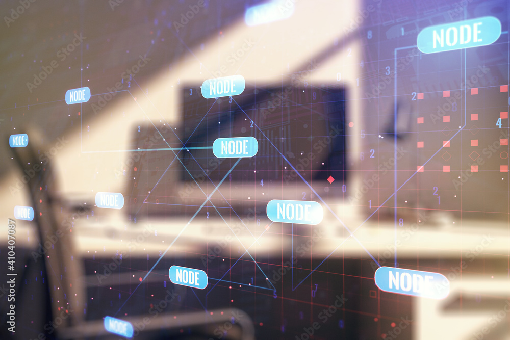 Poster abstract creative coding illustration and modern desktop with pc on background, software development
