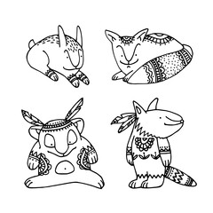 animals from the Russian folk tale Kolobok, hare, fox, wolf, bear, with boho patterns, vector illustration with black ink contour lines isolated on white background in doodle and hand drawn style