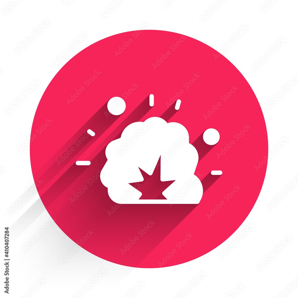 Poster white bomb explosion with shrapnel and fireball icon isolated with long shadow. red circle button. v