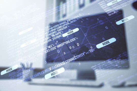 Abstract creative coding illustration with world map and modern desktop with pc on background, international software development concept. Multiexposure