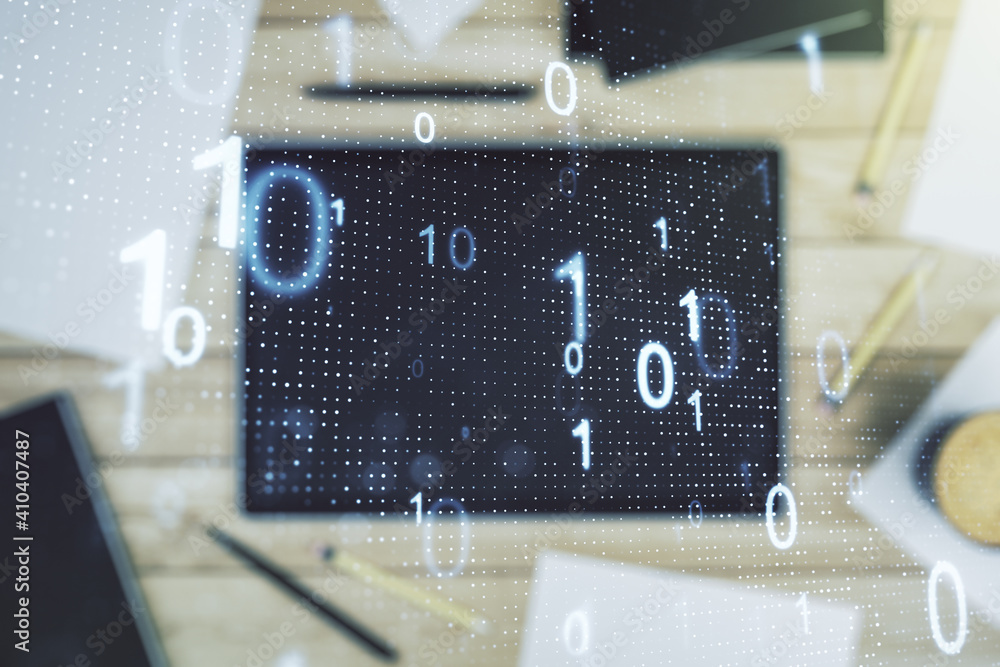Aufkleber double exposure of creative abstract binary code hologram and digital tablet on background, top view