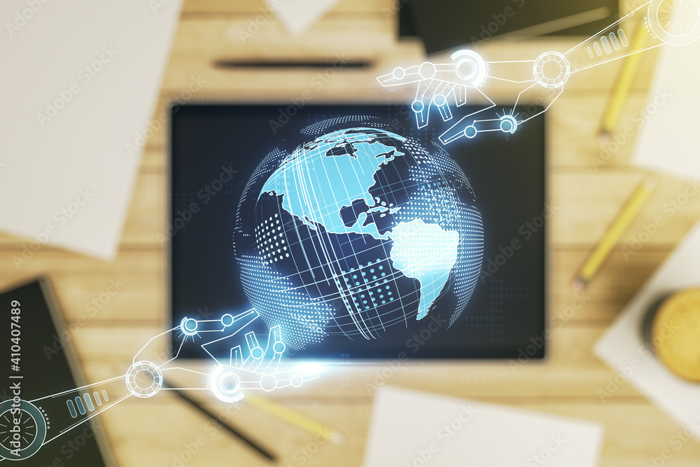 Poster double exposure of robotics technology with world map hologram and digital tablet on background, top