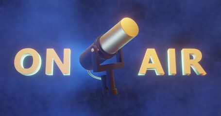 3d rendered microphone with on air 3d text, podcast background