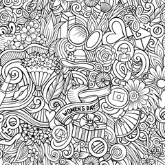 Cartoon doodles 8 March seamless pattern.