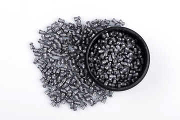 Air rifle lead pellets, ammo with metal container, box packaging isolated on white background