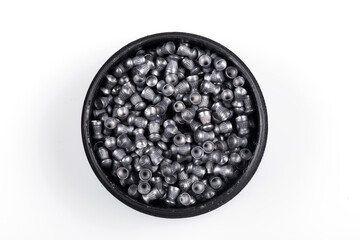 Air rifle lead pellets, ammo with metal container, box packaging isolated on white background