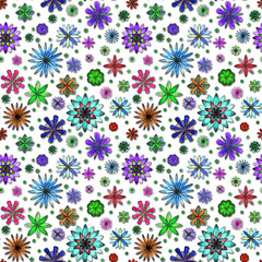 Watercolor seamless romantic mandala abstract flowers colorful floral pattern on white background