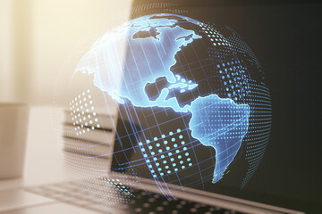 Digital America map on modern computer background, global technology concept. Multiexposure