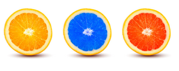 Fresh oranges cut in half with yellow, red and blue on a white background.