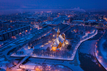Aerial view of the Cathedral in Kaliningrad in the winter, sunrise time