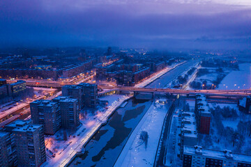 Aerial view of the cityscape od Kaliningrad in the winter morning
