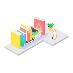 Books and chancellery on gray wooden bookshelf in isometric vector.