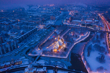 Aerial view of the Cathedral in Kaliningrad in the winter, sunrise time
