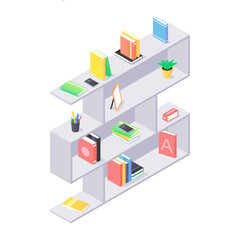 Books and chancellery on gray wooden bookshelf in isometric vector.