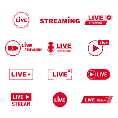 Red live streaming, broadcasting icon set 