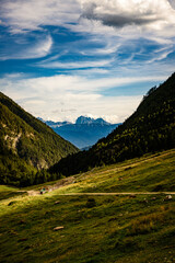 Fanealm und Wilder See in Suedtirol, Italy, Mountain with blue sky 