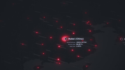 Coronavirus COVID 19 world map with health statistics data and pandemic warning in red colour. Wuhan virus infection spreads over the world. Epidemic concept 3d rendering animated background 4K video.