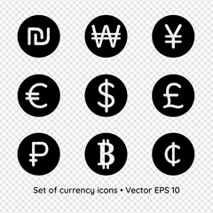 Set of currency icon signs isolated on transparent background, vector illustration. Shekel, won, yen, euro, dollar, pound, ruble, bitcoin, cent