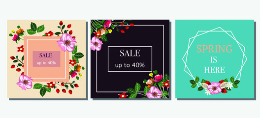 Square floral templates. For advertisements, promotions, banners, cards, invitations, posters. Vector templates.