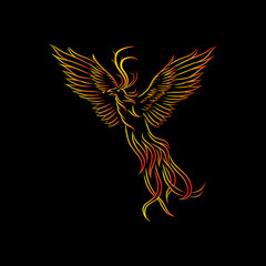 phoenix bird on black background. hand drawn art of fire birds.