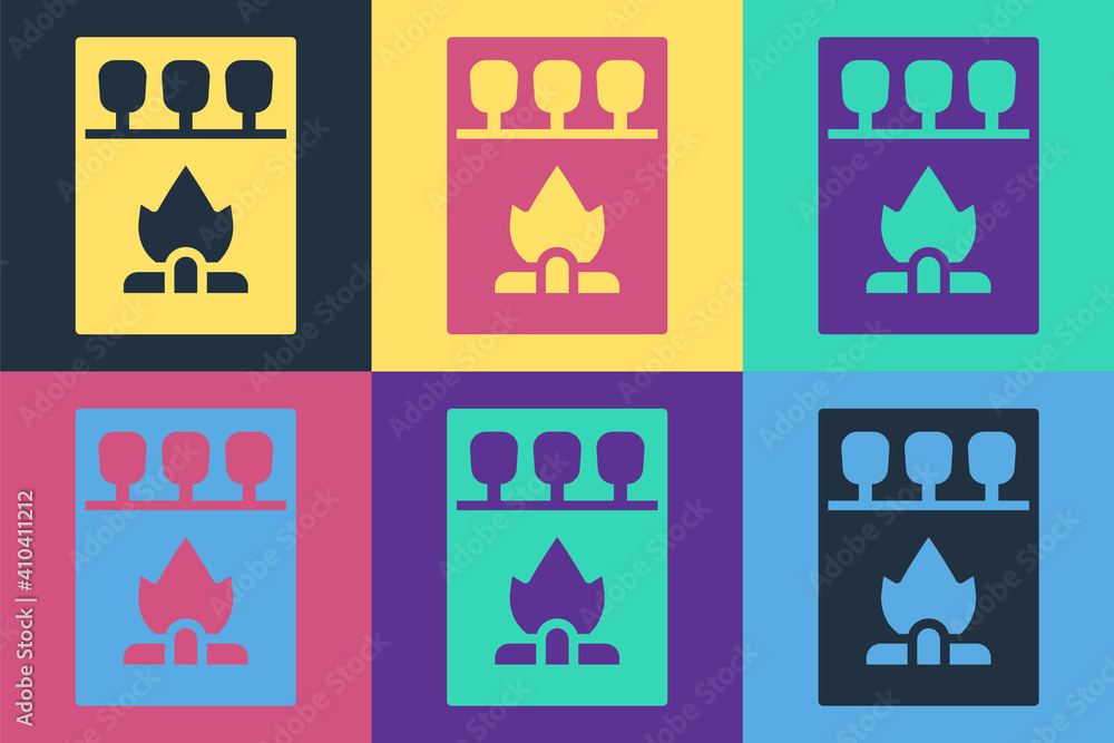 Poster pop art open matchbox and matches icon isolated on color background. vector.