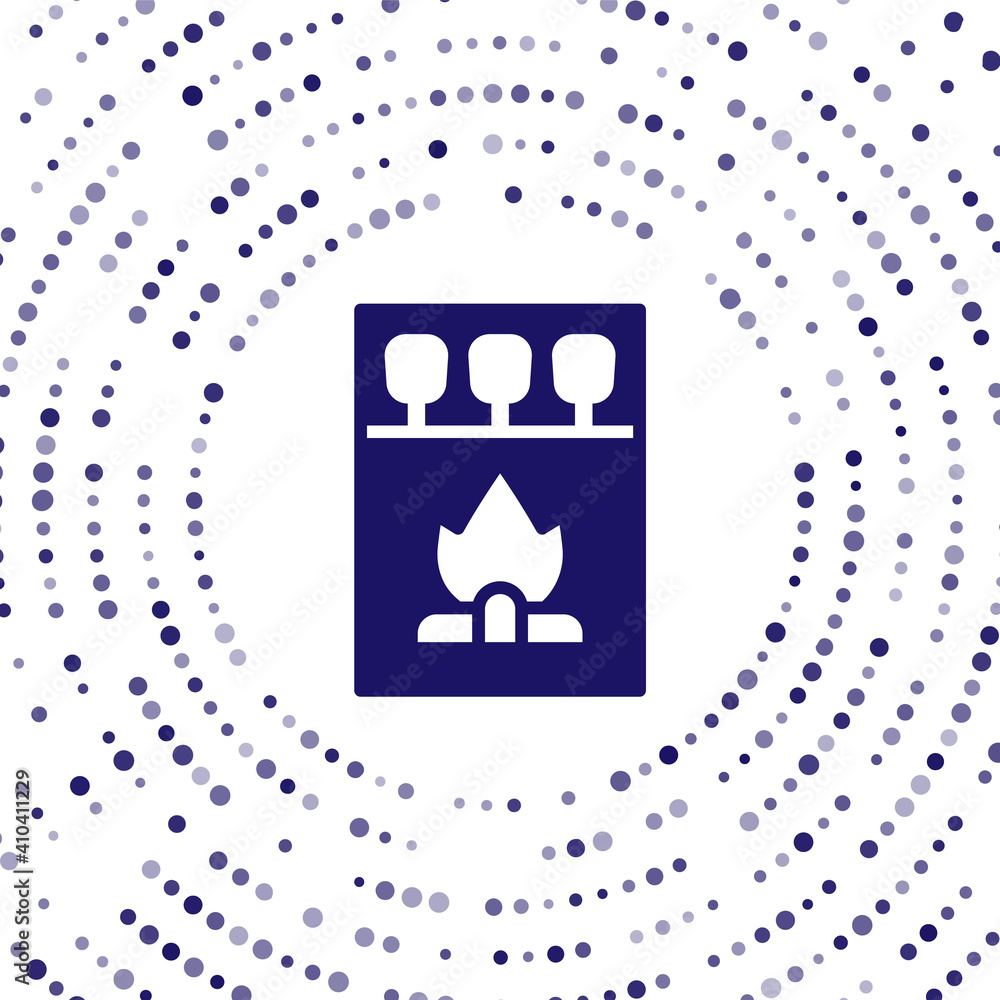 Poster blue open matchbox and matches icon isolated on white background. abstract circle random dots. vecto