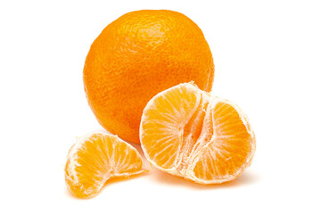 Whole mandarie and segments isolated on white background